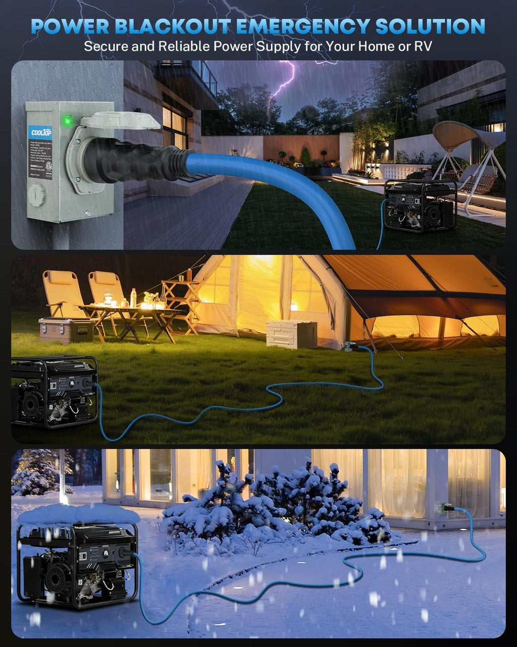 COOLTOP 50 Amp Generator Cord And Power Inlet Box Kit, 50FT STW 6/3+8/1 AWG, 125/250V - NEMA 14-50P To SS2-50R
