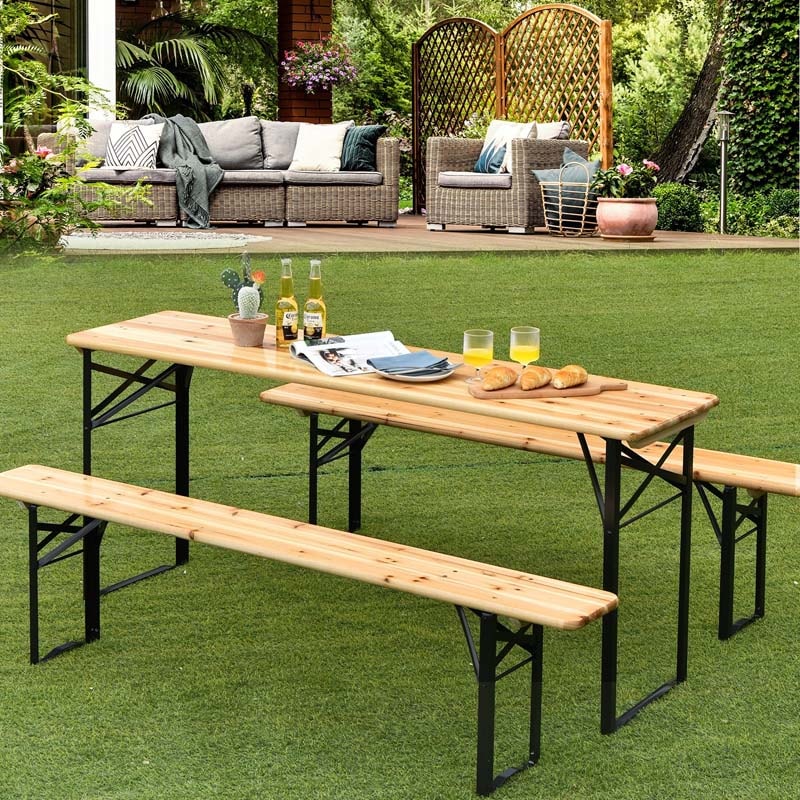 3-Piece Folding Picnic Table Bench Set, 70in Wooden Top - Black