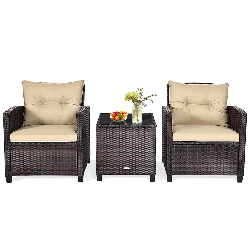 3-Piece Rattan Patio Conversation Set With Cushions And Coffee Table