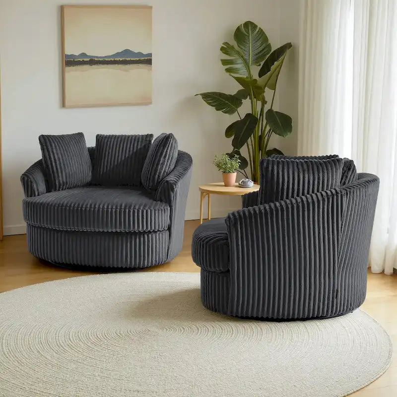 2-Piece Oversized 43 W Plush Corduroy Swivel Barrel Chairs With Pillows