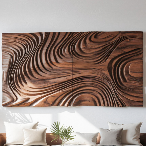 Abstract Sculptural Wood Wall Art With Carved Wave Patterns For Living Room Or Bedroom - view 2