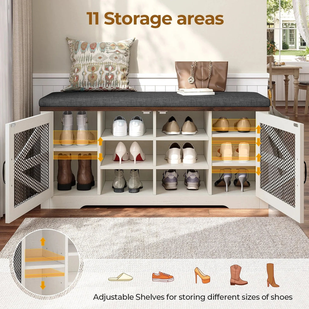 Farmhouse Shoe Storage Bench With Cushion, 31.4in, Metal Barn Door, Old White