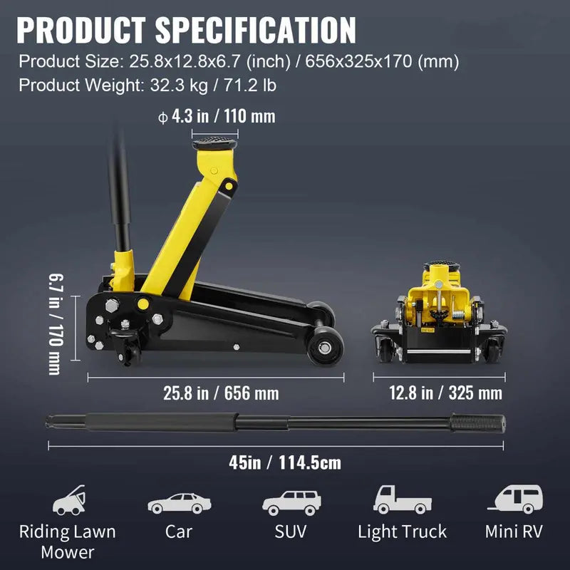 VEVOR Low Profile Hydraulic Floor Jack, 3 Ton, Steel - S508