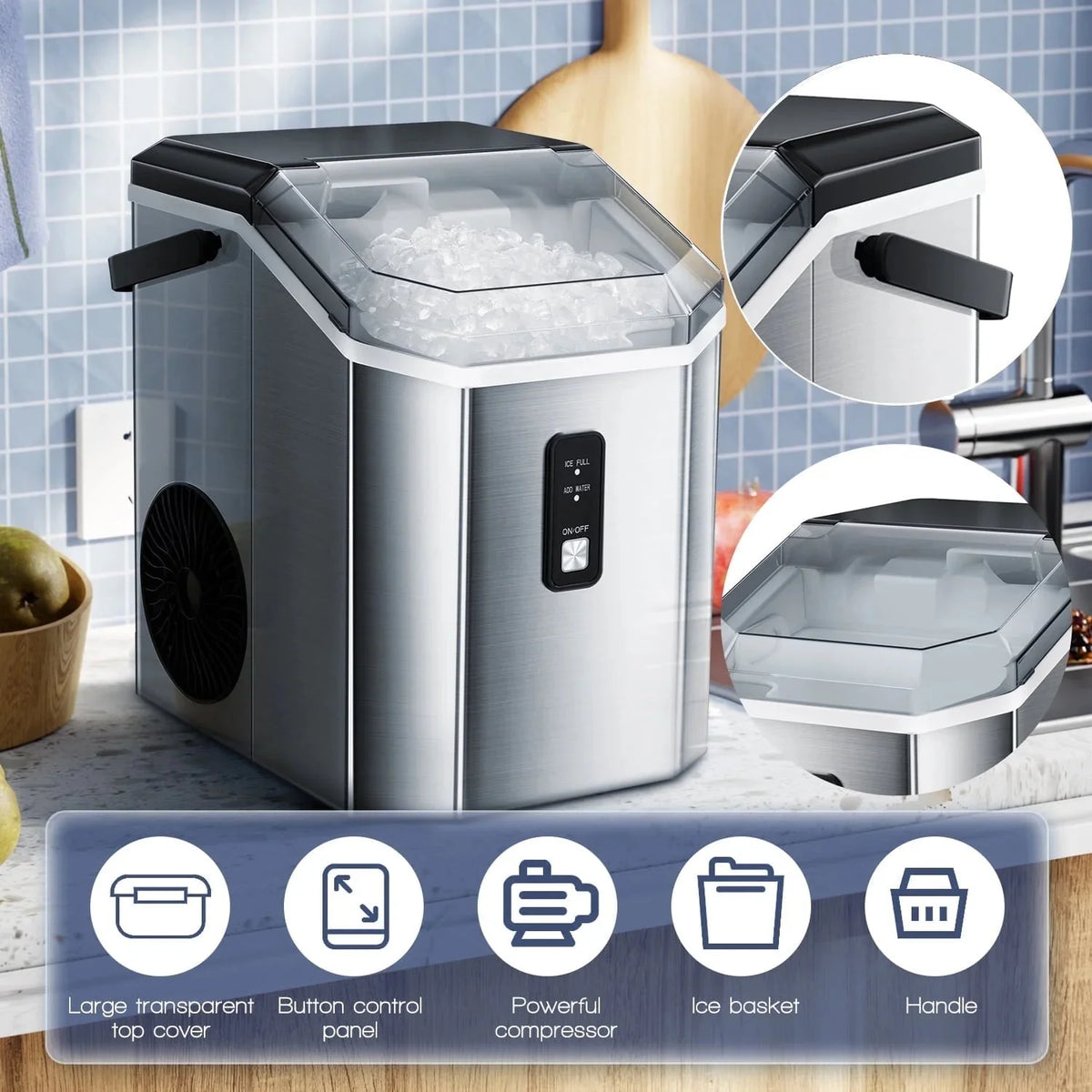 Auseo Countertop Nugget Ice Maker, 35Lbs/24H, 1.1L, Stainless Steel Silver - Self-Cleaning