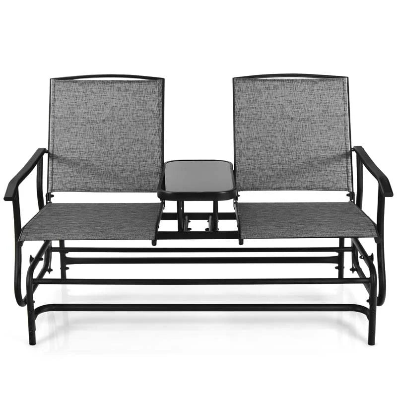 2-Person Outdoor Bench Glider Chair With Center Table, Mesh Fabric, 57 x 28 x 38 in