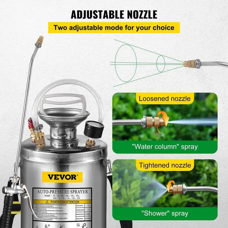 VEVOR 1-Gallon Stainless Steel Hand-Pumped Garden Sprayer With Adjustable Nozzle