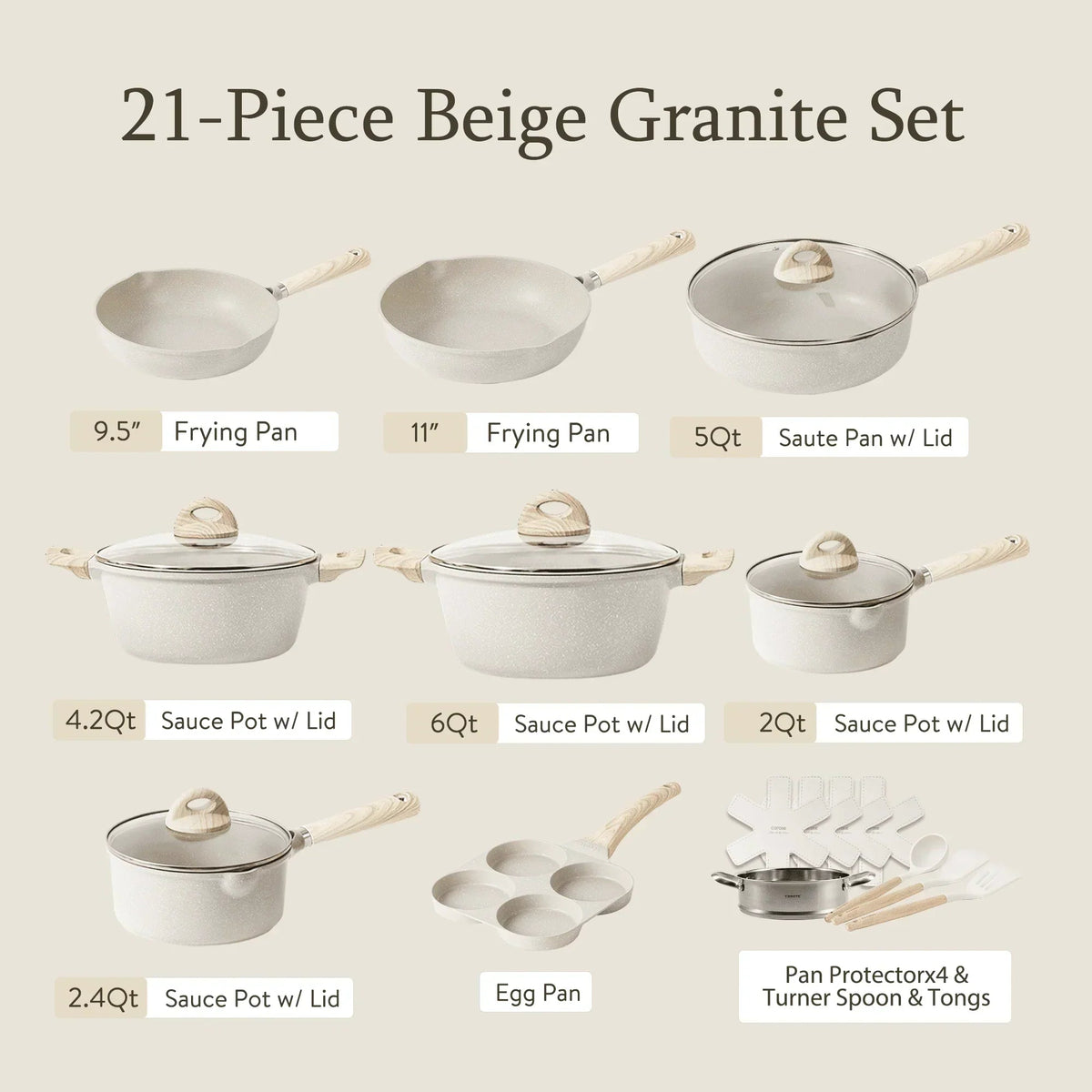 Nonstick Granite Kitchen Cookware Set, 21-Piece, Beige, Induction