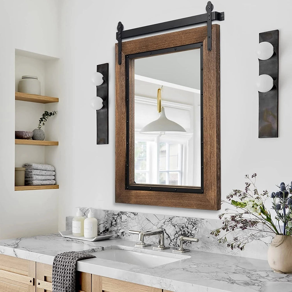 Farmhouse Barn Door Style Bathroom Vanity Mirror, Natural Wood, 24in W x 32in H x 1.25in D to 48in W x 30in H x 1.25in D