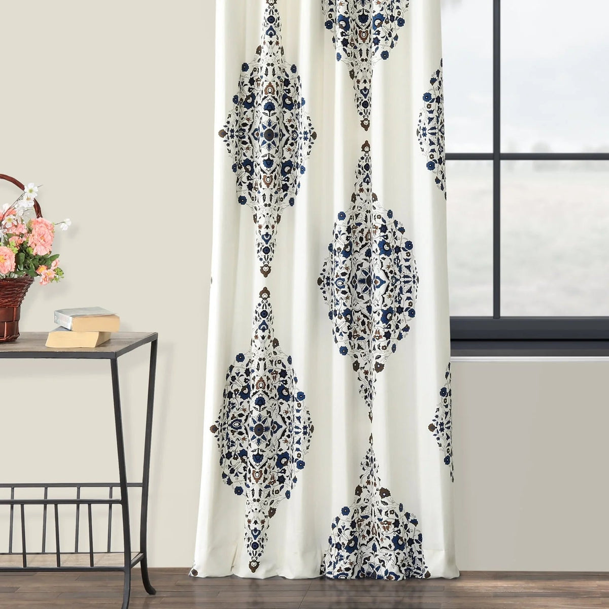 Medallion Damask Printed Cotton Room Darkening Curtain Panel, 1 Piece, 50 in W x 84/96/108/120 in L