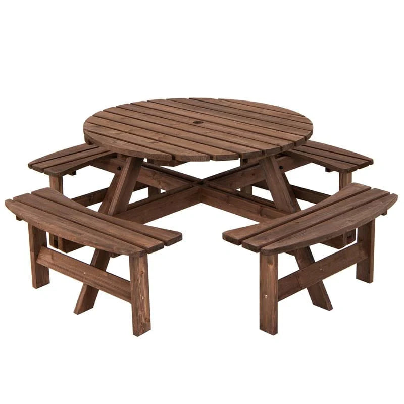 8-Person Outdoor Fir Wood Round Picnic Table Set With 4 Benches And Umbrella Hole - 70.5 x 70.5 x 27.5 in