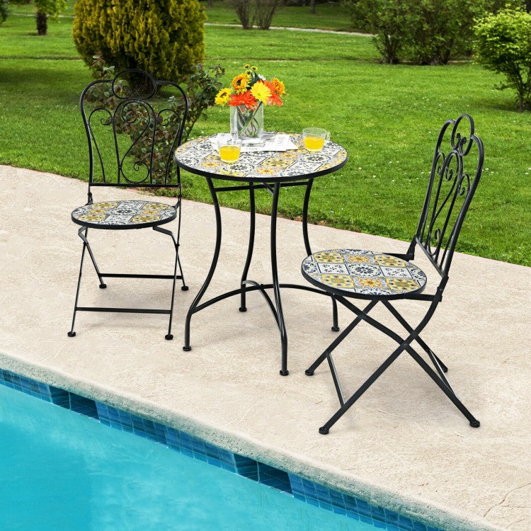 2-Piece Mosaic Folding Bistro Chairs With Ceramic Tile Seats - Black