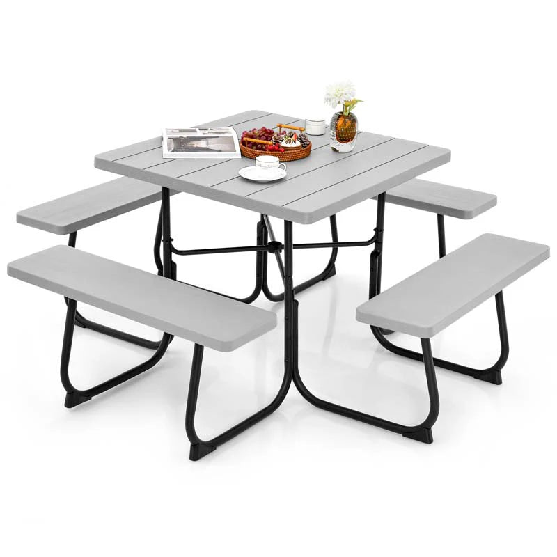 8-Person Outdoor HDPE Square Picnic Table And Bench Set, 67in x 67in x 30in, Metal Frame