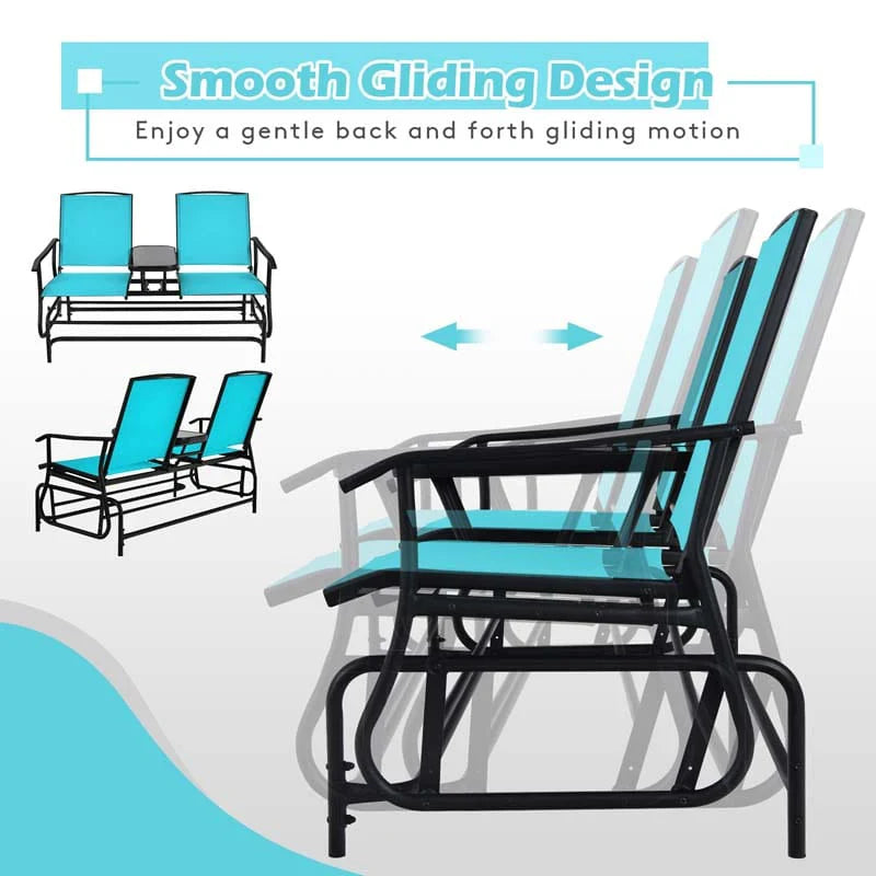 2-Person Outdoor Bench Glider Chair With Center Table, Mesh Fabric, 57 x 28 x 38 in