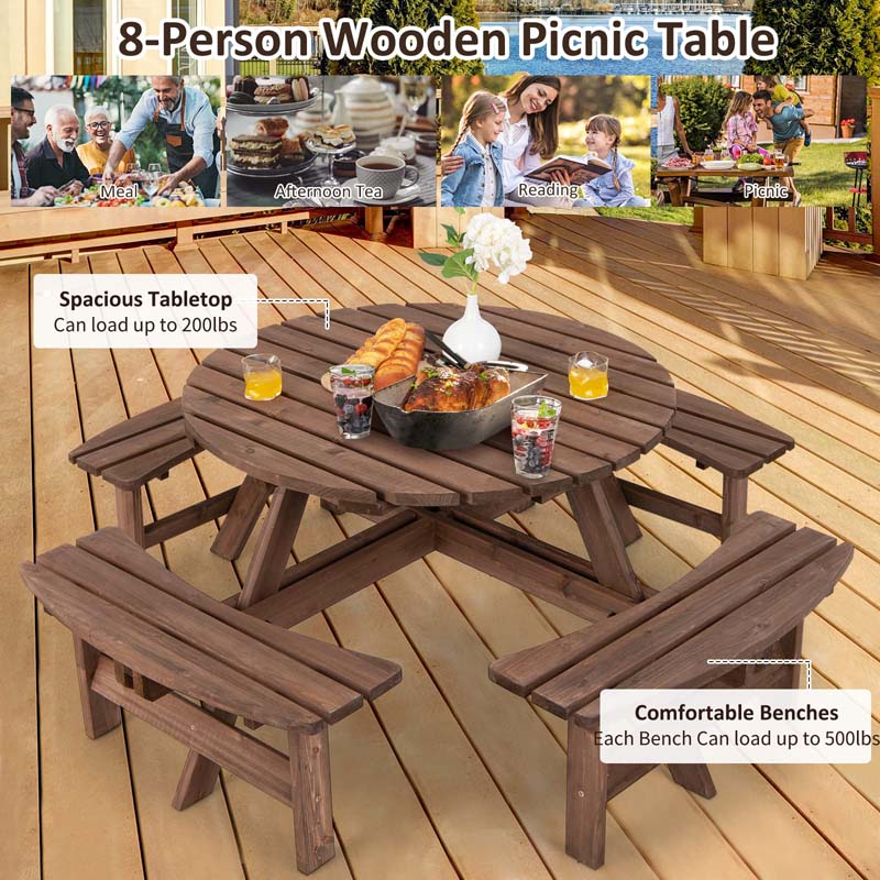 8-Person Outdoor Fir Wood Round Picnic Table Set With 4 Benches And Umbrella Hole - 70.5 x 70.5 x 27.5 in