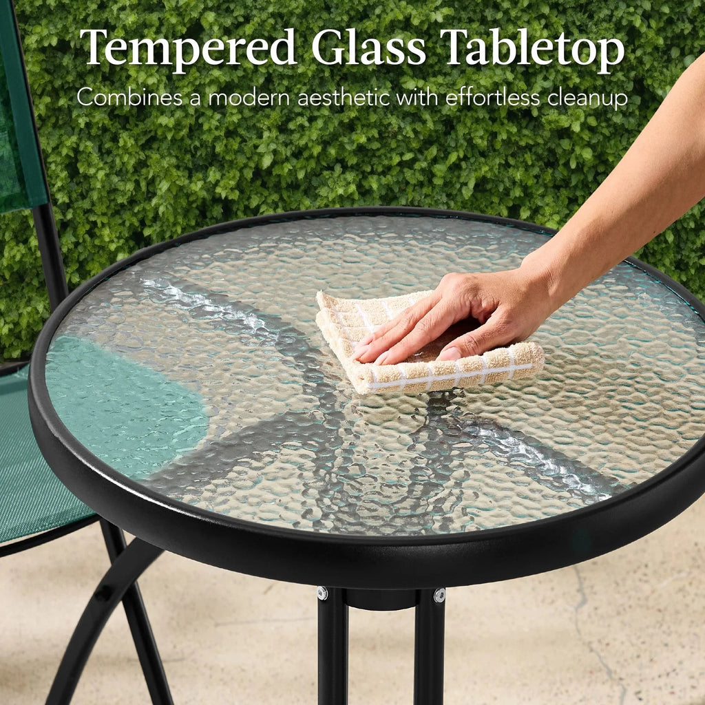 Best Choice Products 3-Piece Patio Bistro Dining Set With Glass Tabletop And Folding Chairs - Gray
