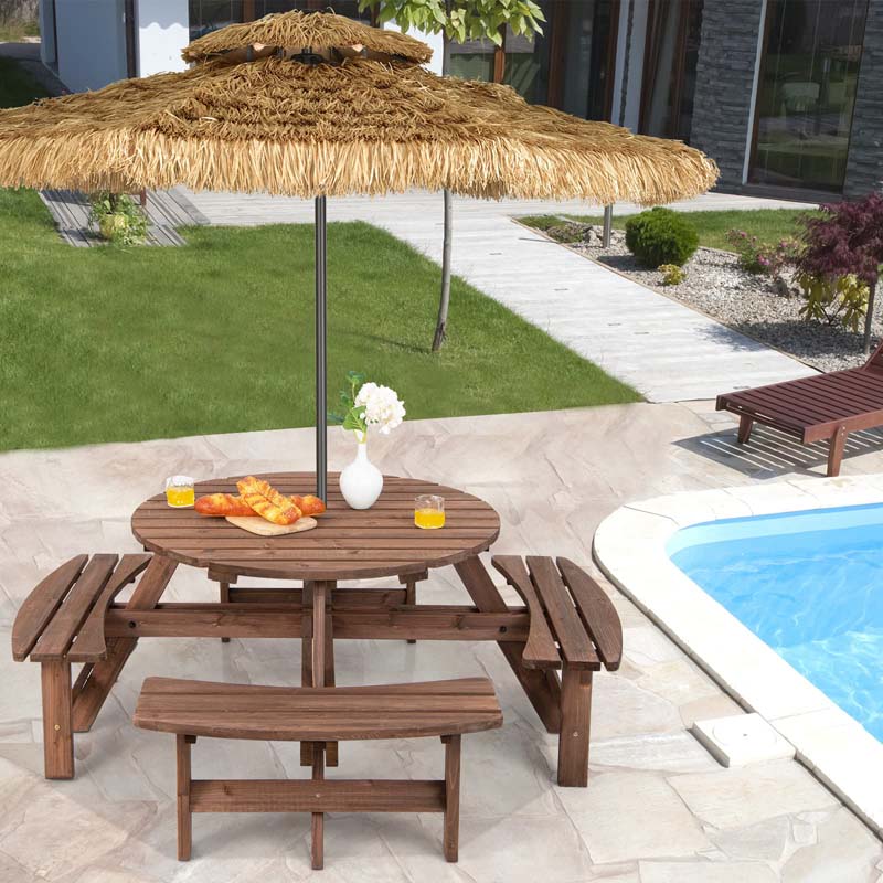 8-Person Outdoor Fir Wood Round Picnic Table Set With 4 Benches And Umbrella Hole - 70.5 x 70.5 x 27.5 in