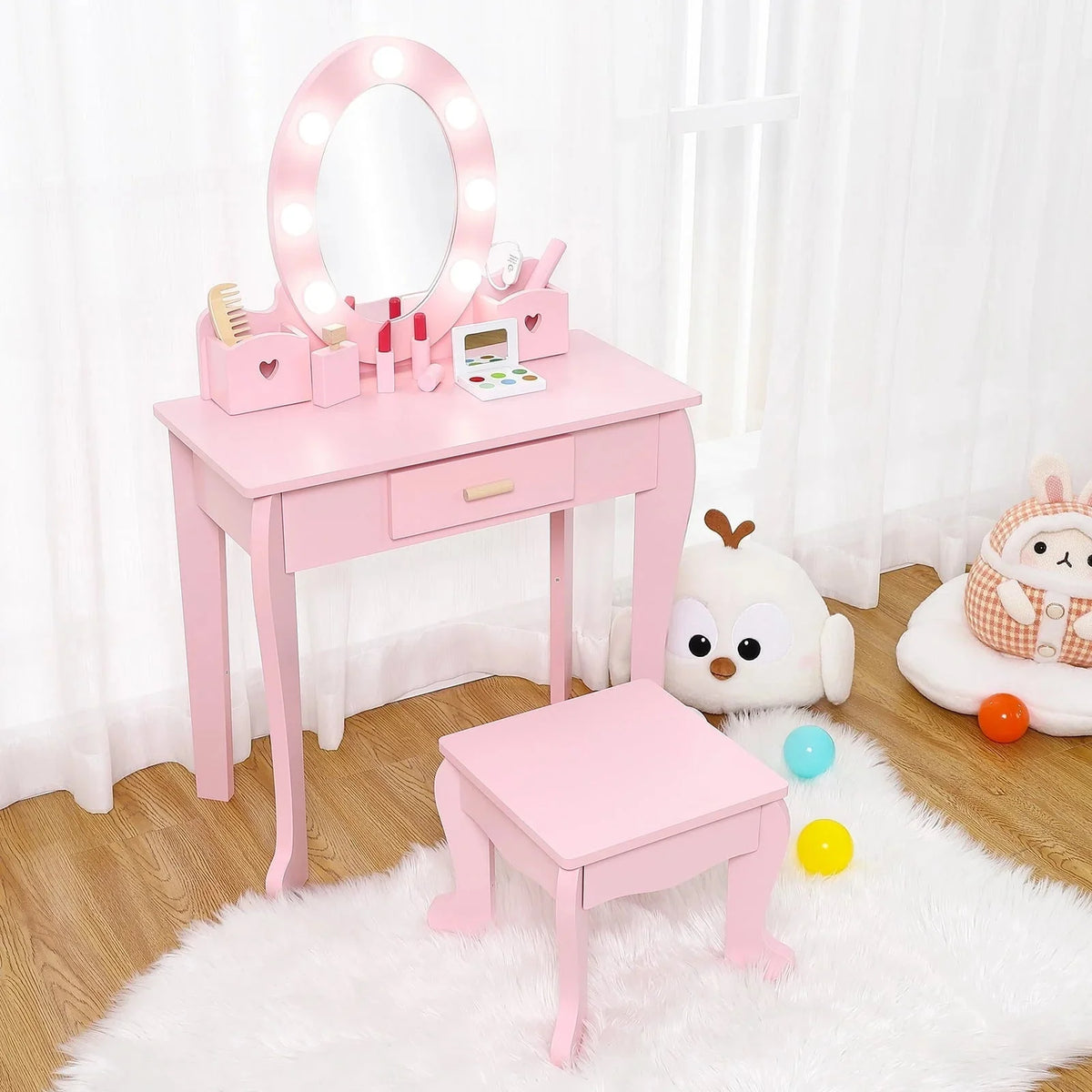 Kids Wood Vanity Table And Chair Set With Lights, Mirror, Drawer And Stool