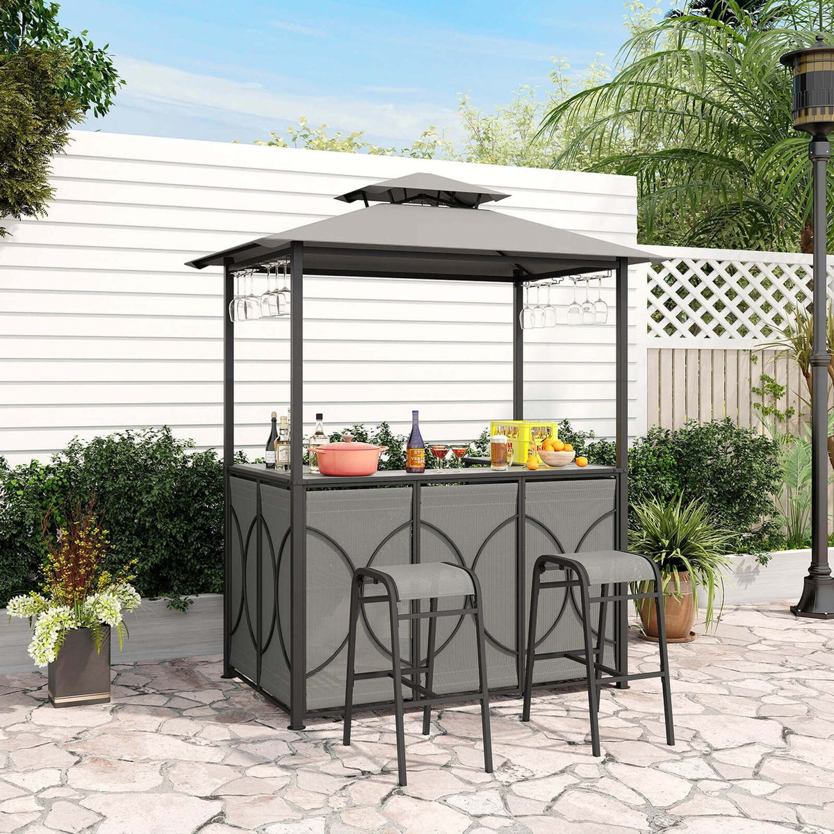 Costway 3-Piece Grill Gazebo Bar Set With 2 Bar Stools And Tempered Glass Top - Grey