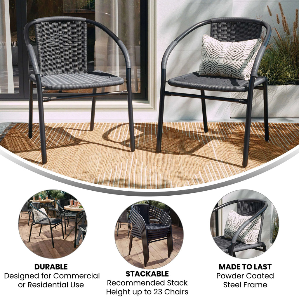 Emma + Oliver Indoor/Outdoor Stacking Rattan Patio Chairs, Set of 2, Gray