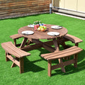 8-Person Outdoor Fir Wood Round Picnic Table Set With 4 Benches And Umbrella Hole - 70.5 x 70.5 x 27.5 in