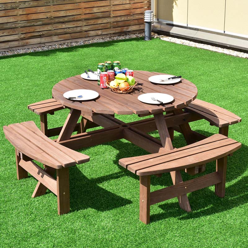 8-Person Outdoor Fir Wood Round Picnic Table Set With 4 Benches And Umbrella Hole - 70.5 x 70.5 x 27.5 in