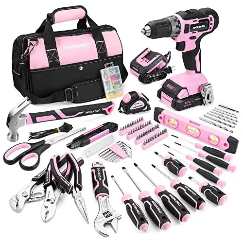 WORKPRO Pink Household Tool Kit With 20V Cordless Lithium-ion Drill Driver