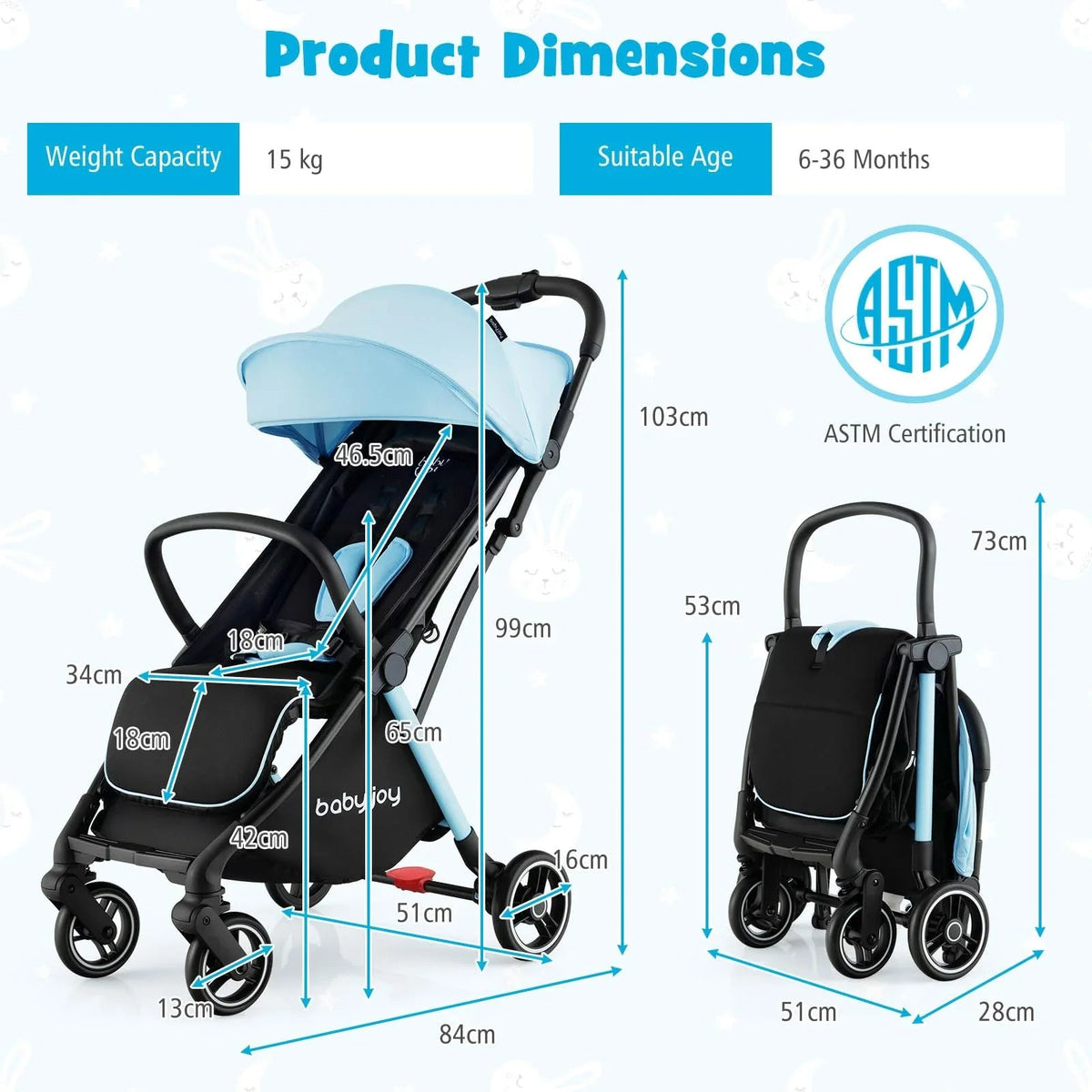 Compact Travel Stroller With Adjustable Backrest, Canopy And 7 kg Weight - 6-36 Months