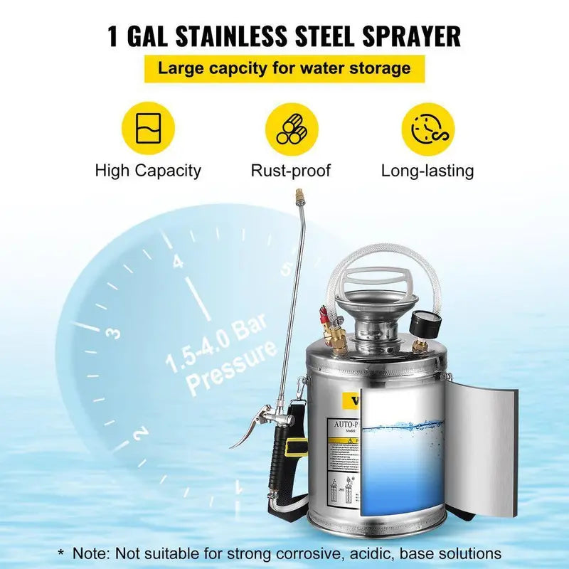 VEVOR 1-Gallon Stainless Steel Hand-Pumped Garden Sprayer With Adjustable Nozzle