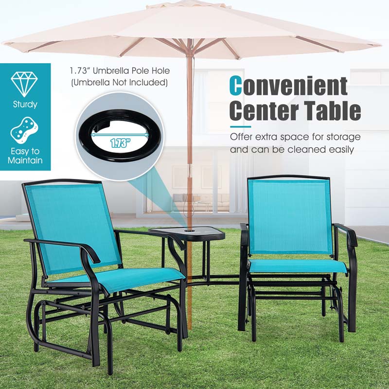 2-Person Double Swing Glider Chair With Glass Table, Steel And Fabric - 77in x 34in x 36in