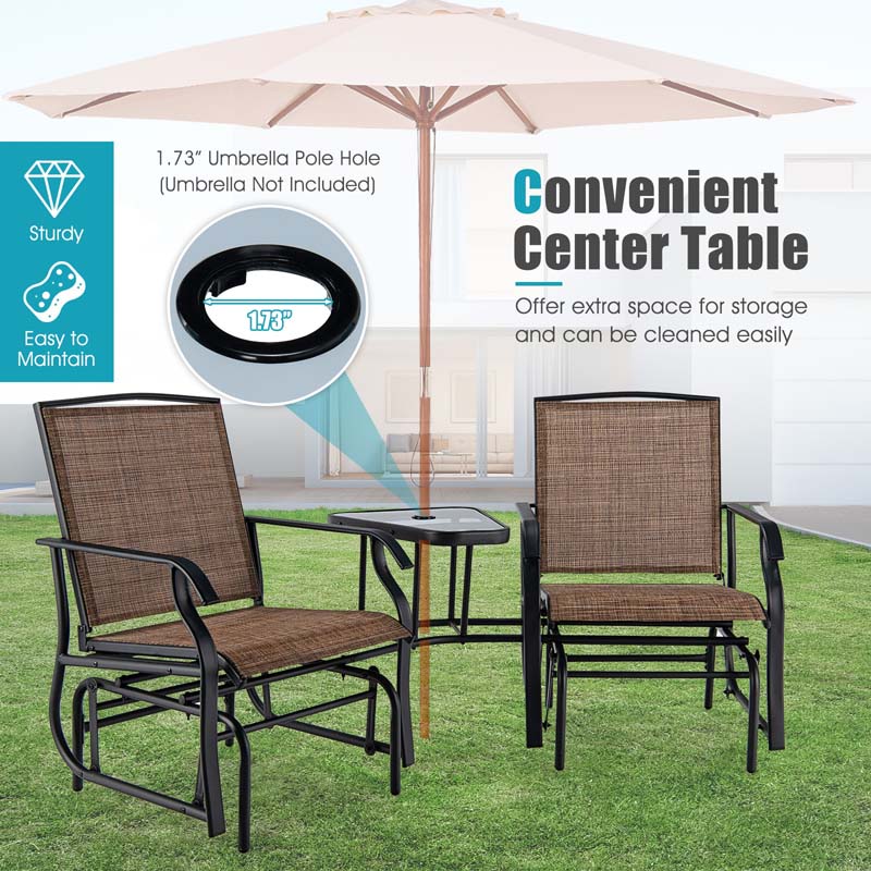 2-Person Double Swing Glider Chair With Glass Table, Steel And Fabric - 77in x 34in x 36in