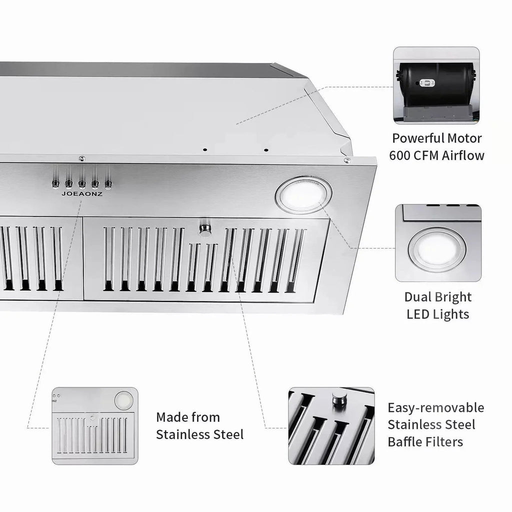 Zomagas Built-In Range Hood 30 inch 600 CFM Brushed Stainless Steel With LED Lights