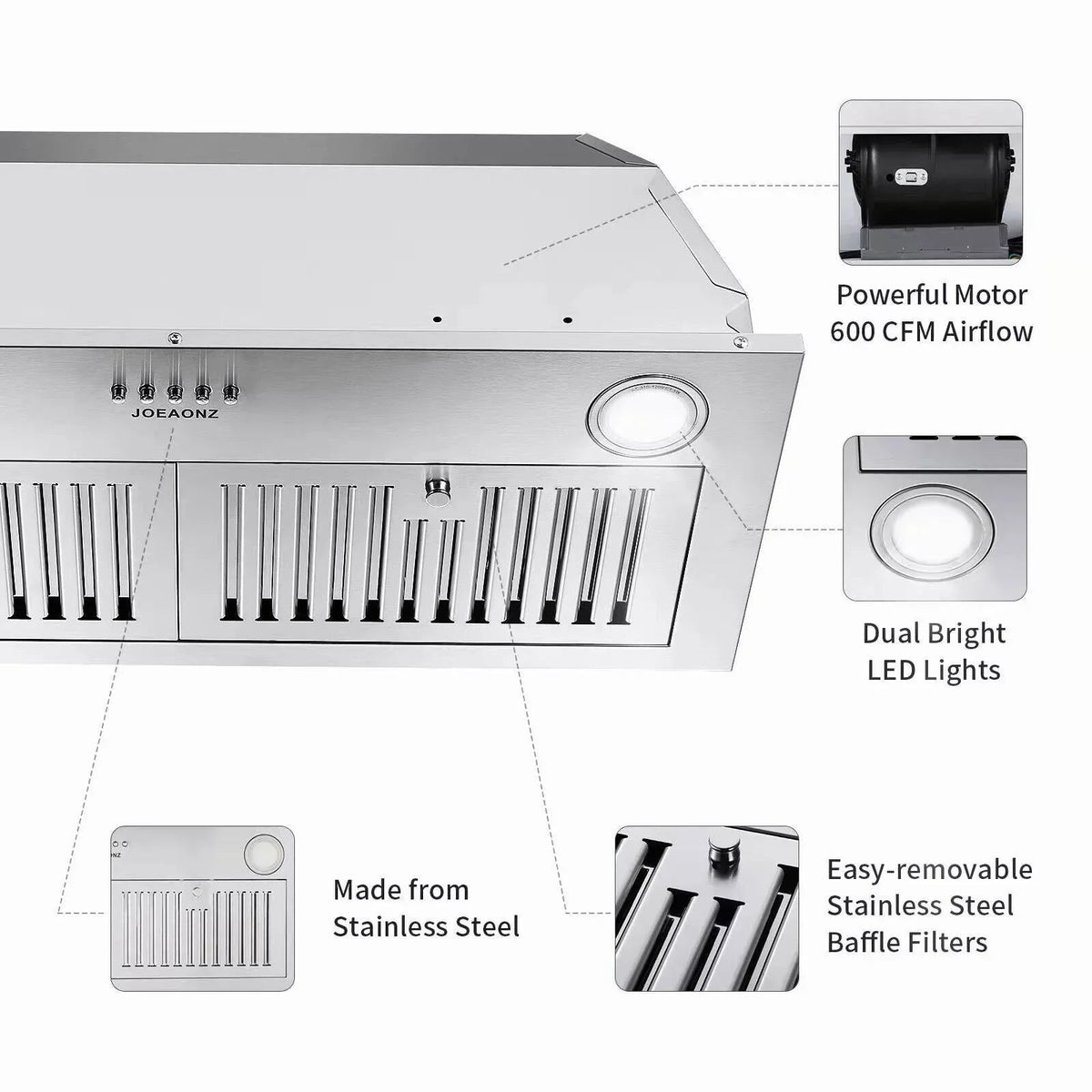 Zomagas Built-In Range Hood 30 inch 600 CFM Brushed Stainless Steel With LED Lights