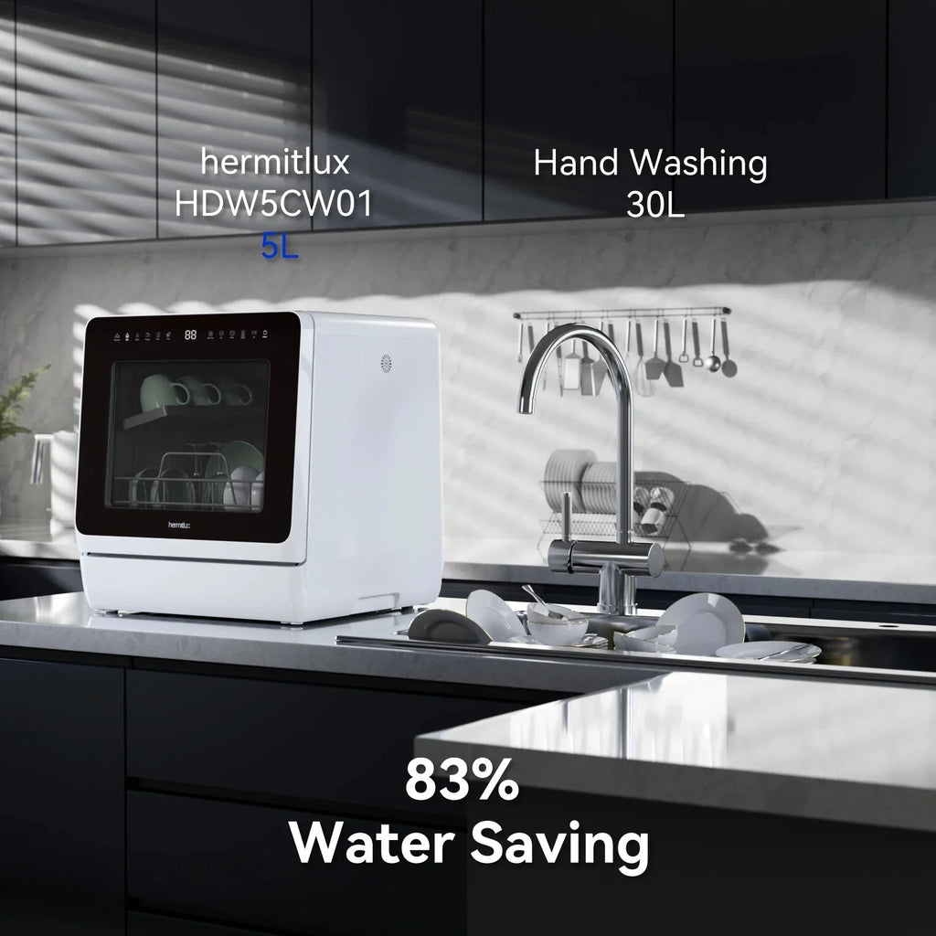 Hermitlux Portable Countertop Dishwasher, 5L Built-In Water Tank, 4 Place Settings - HMX-DW03