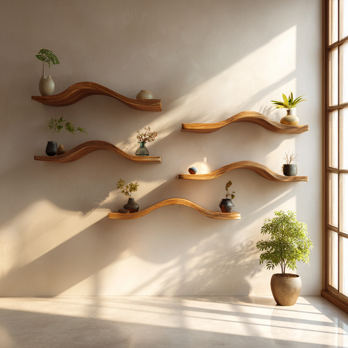 Curved Solid Wood Floating Shelves Organic Modern Living Room Interior - view 3