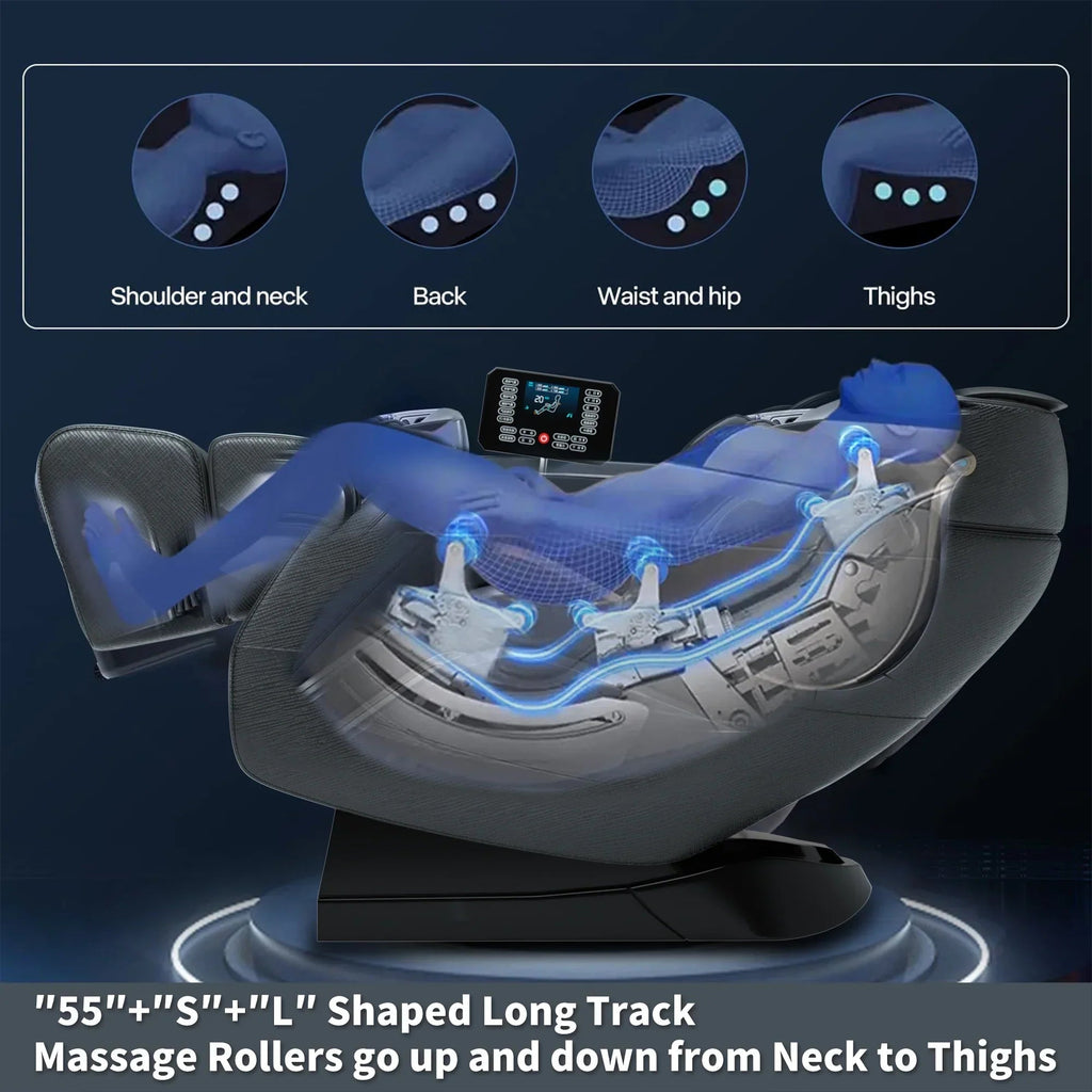4D Zero Gravity Full Body Shiatsu Massage Chair With 58in SL Track - Premium Black Leather