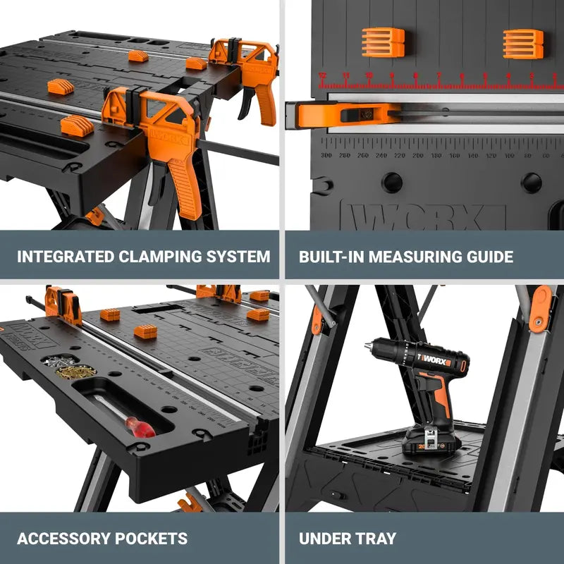 Worx Pegasus 2-in-1 Folding Work Table And Sawhorse With Clamps, 300-1000 lbs Capacity