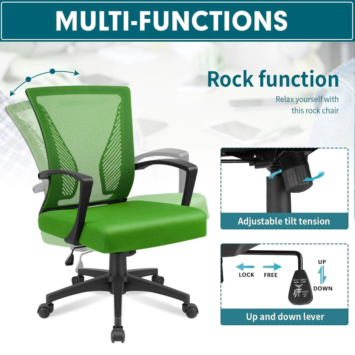 Ergonomic Mesh Mid-Back Office Chair With Adjustable Lumbar Support, 300 lbs Capacity