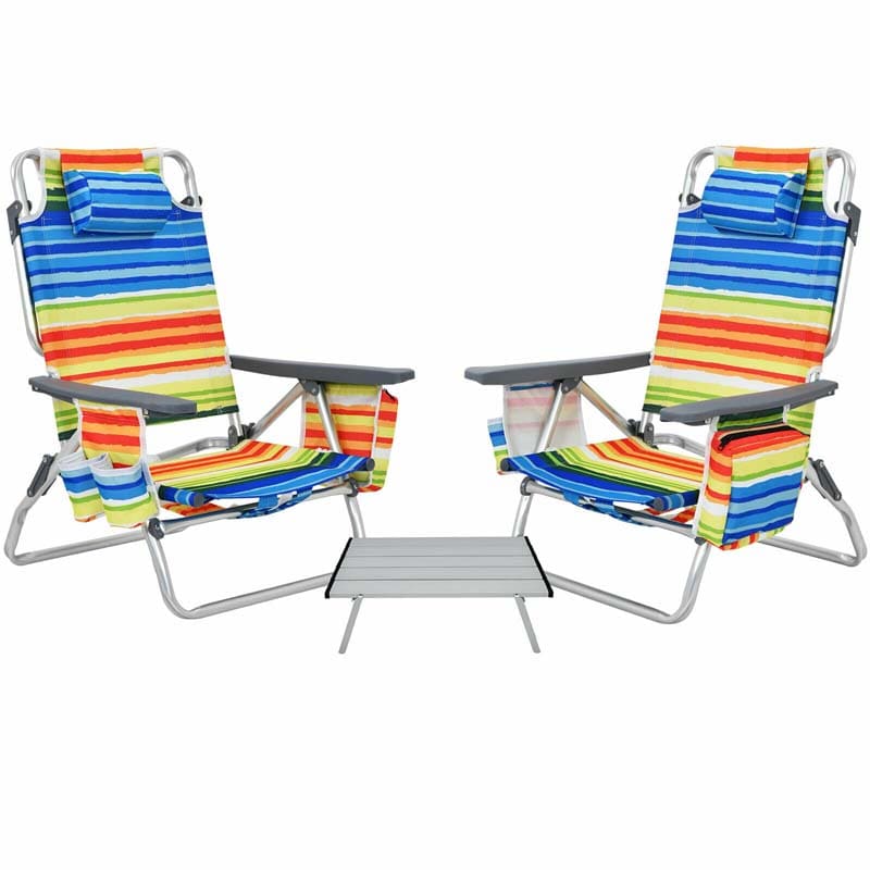 2-Pack 5-Position Outdoor Folding Backpack Beach Chairs With Side Table Set