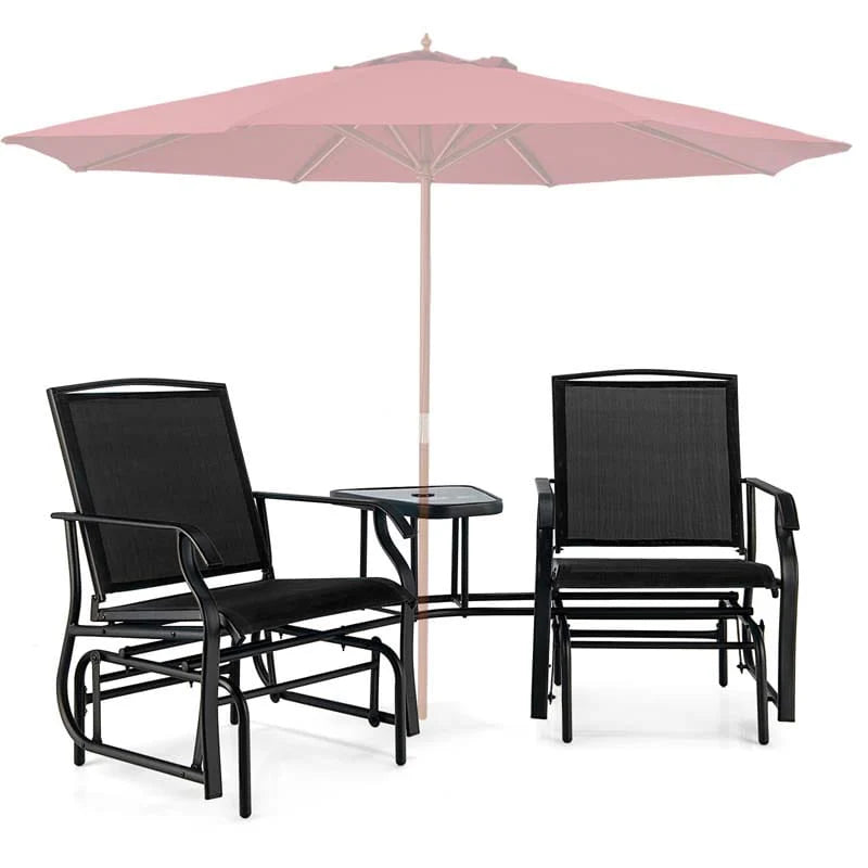 2-Person Double Swing Glider Chair With Glass Table, Steel And Fabric - 77in x 34in x 36in