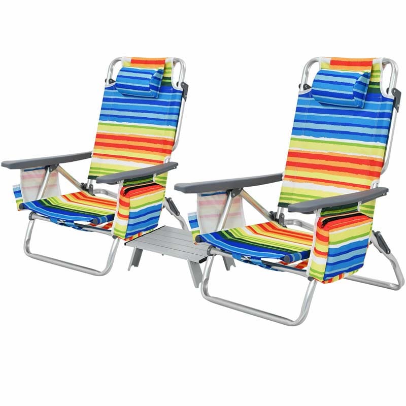 2-Pack 5-Position Outdoor Folding Backpack Beach Chairs With Side Table Set