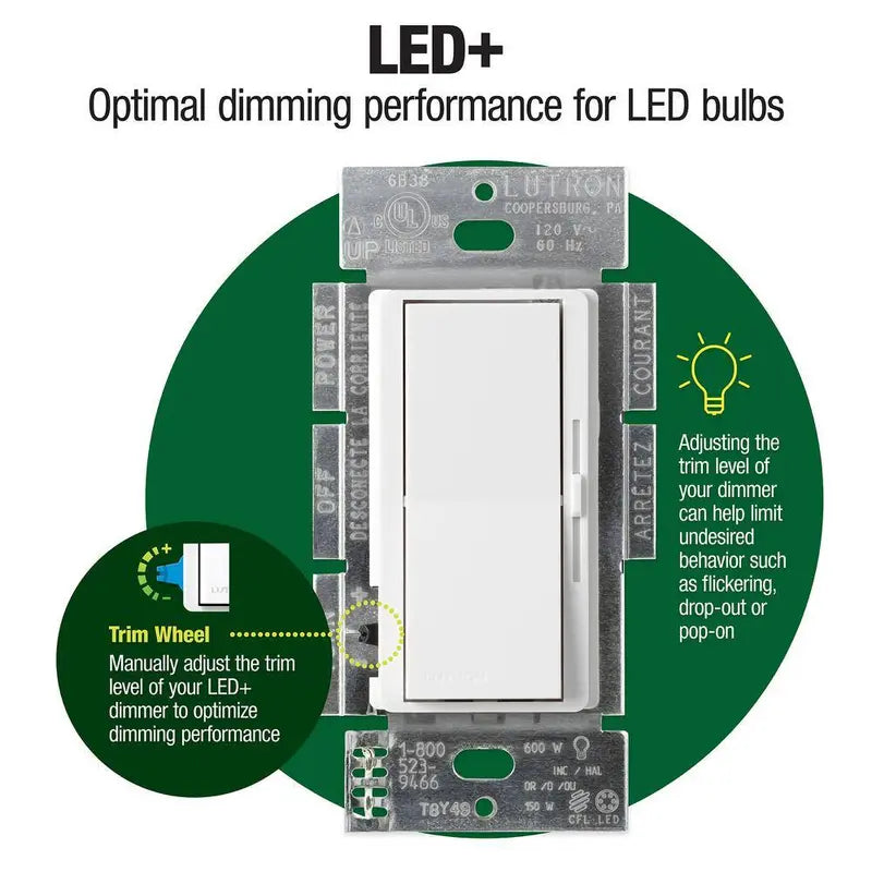 Lutron Diva LED+ Dimmer Switch 150-Watt LED/CFL, 600-Watt Incandescent/Halogen, White - DVCL-153PR-WH
