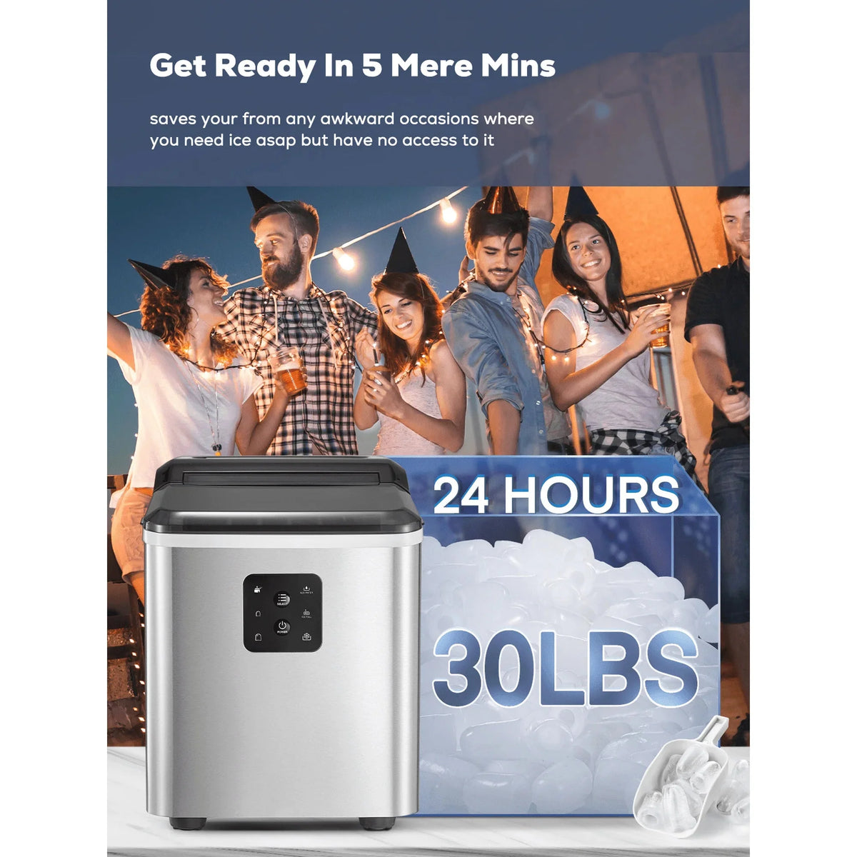 FOHERE Stainless Steel Countertop Ice Maker, 30lbs in 24h, 9 Bullet Cubes in 5 Mins, 2 Sizes, Self-Clean