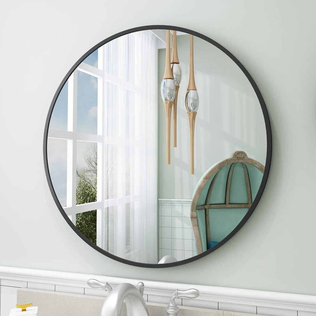 Round Metal Black Frame Bathroom Vanity Mirror - Wall Mounted