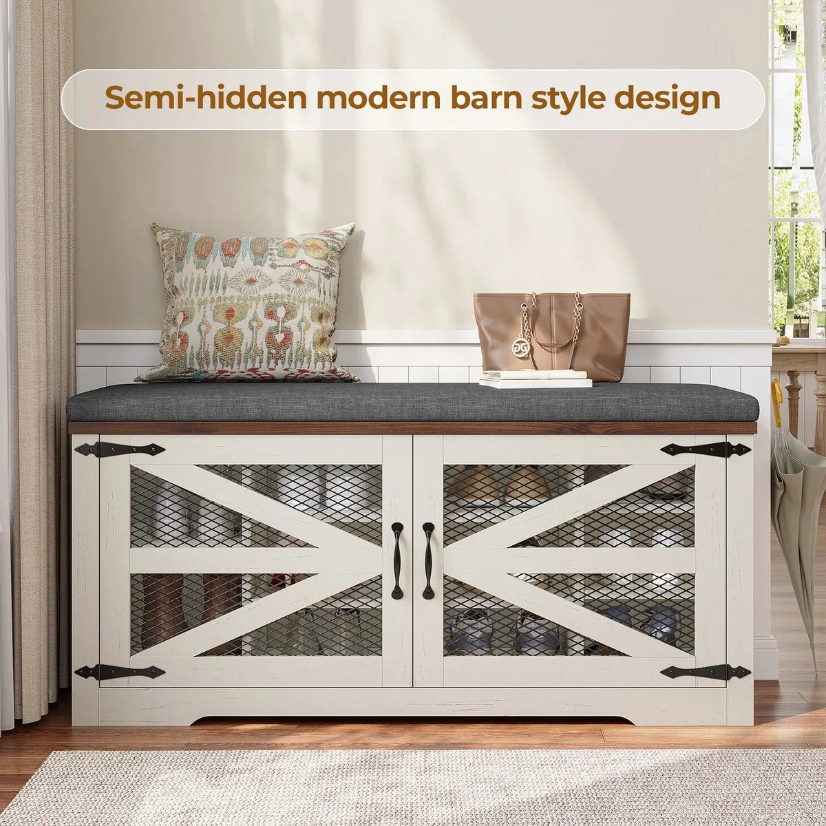 Farmhouse Shoe Storage Bench With Cushion, 31.4in, Metal Barn Door, Old White