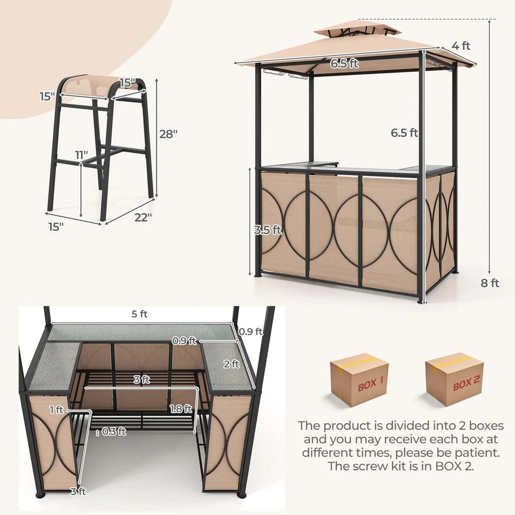 Costway 3-Piece Grill Gazebo Bar Set With 2 Bar Stools And Tempered Glass Top - Grey