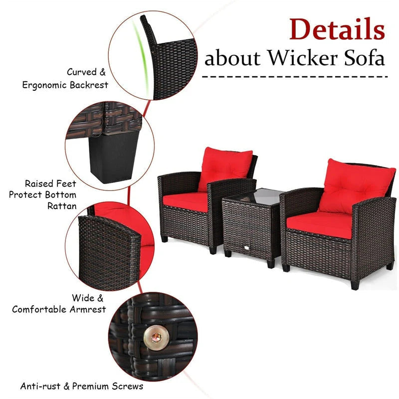 3-Piece Rattan Patio Conversation Set With Cushions And Coffee Table