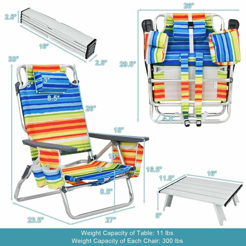 2-Pack 5-Position Outdoor Folding Backpack Beach Chairs With Side Table Set