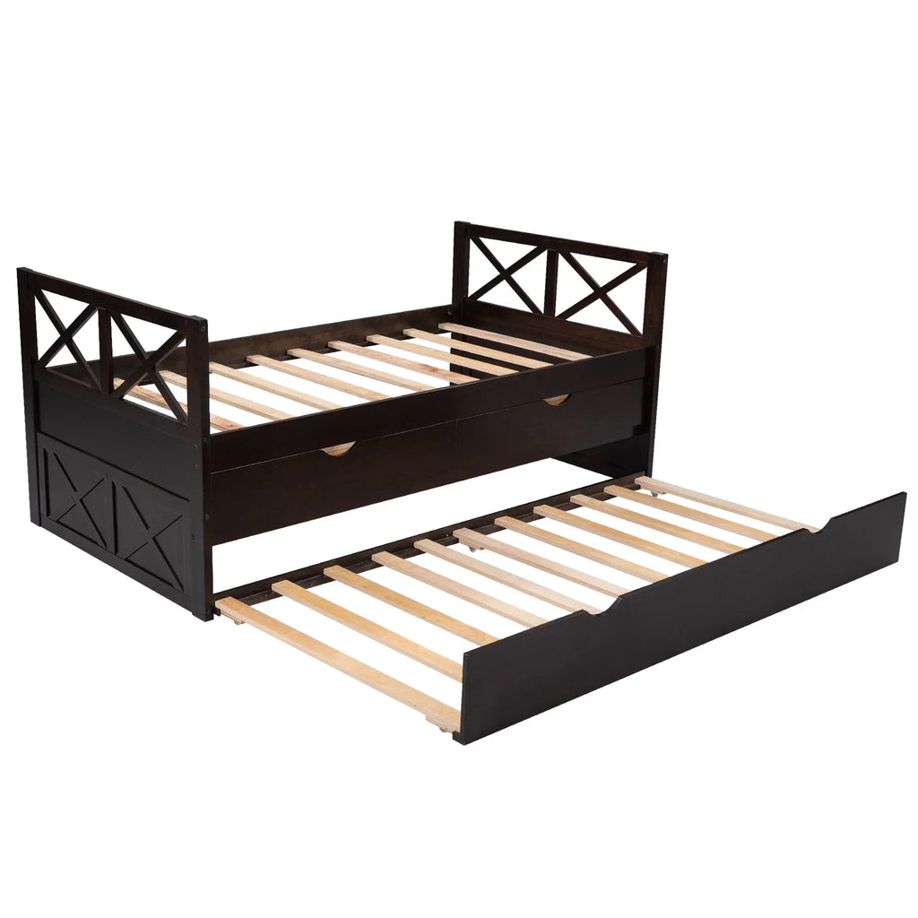 Captain Wood Twin Bed With Trundle And 3 Drawers, Brown, 78.9 in L x 42.7 in W x 36.2 in H