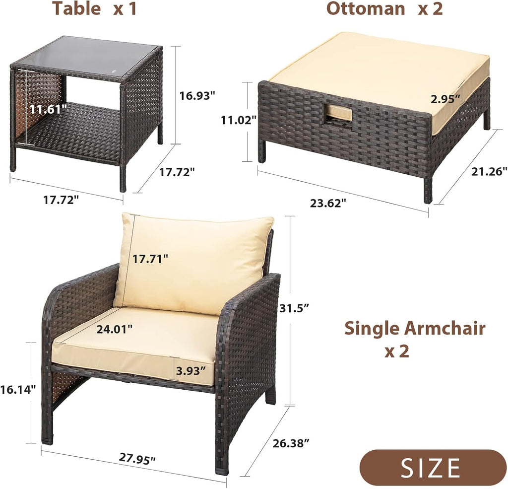 LEVELEVE 5 Piece Patio Conversation Set With PE Wicker Rattan, Cushions, 2 Ottomans And Glass Table