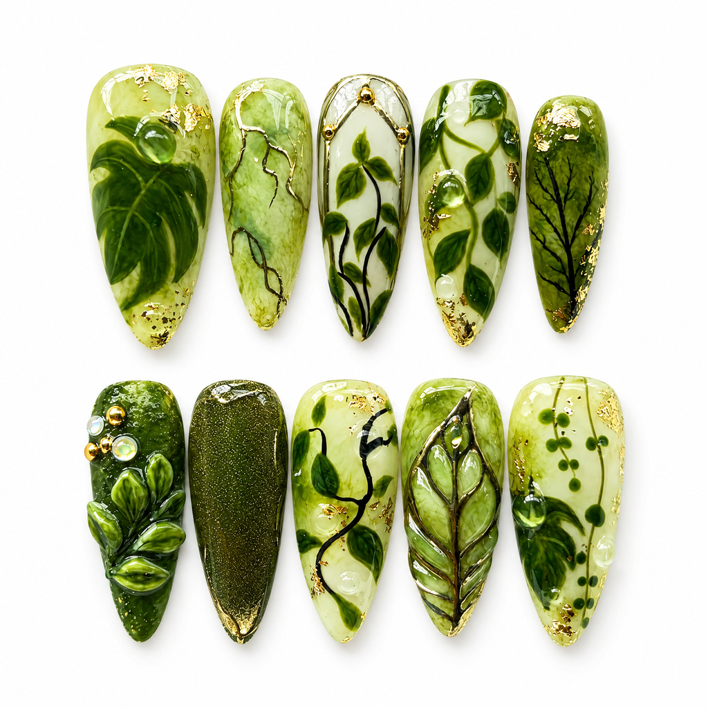 Green Botanical Leaf Long Almond Press On Nails